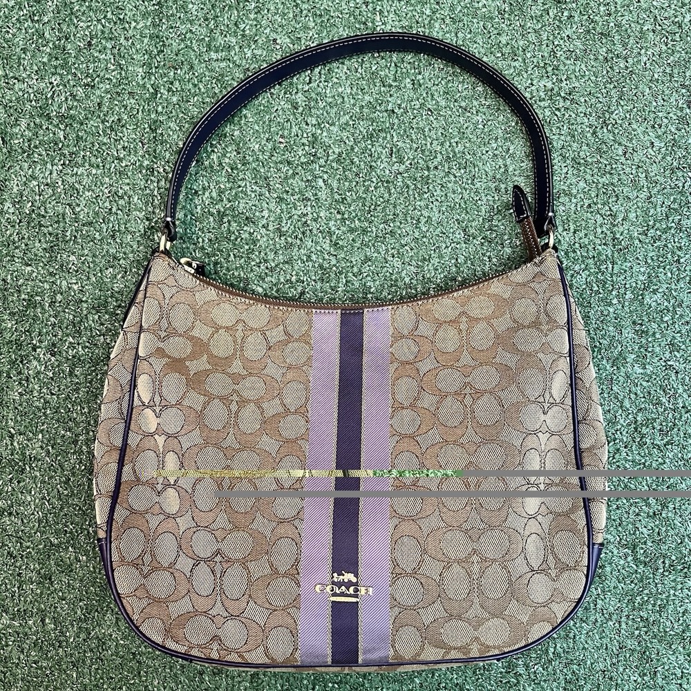 COACH SIGNATURE JACQUARD STRIPE ZIP HOBO F39042 PURPLE/KHAKI MULTI $275